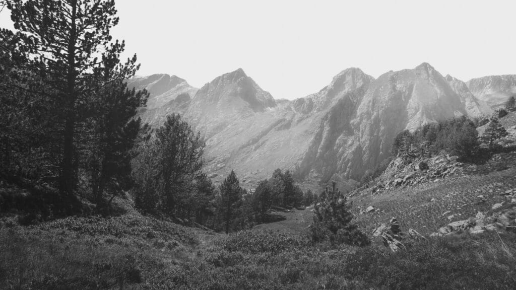 A moody black and white landscape showcasing rugged mountains and a serene meadow.